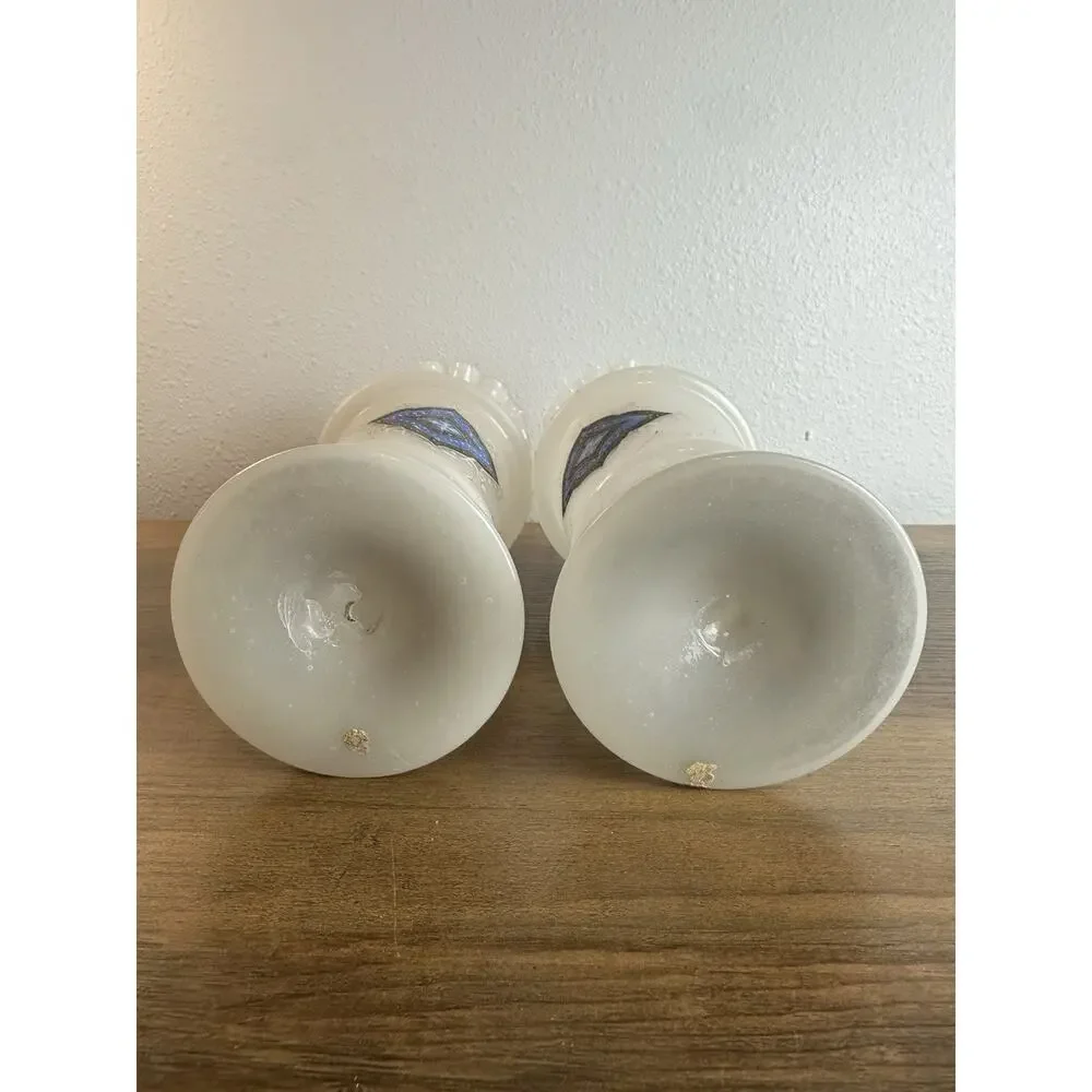 Vintage Pair Milk Glass Vases Blue Diamond Motif Ruffled Rim Art Glass
